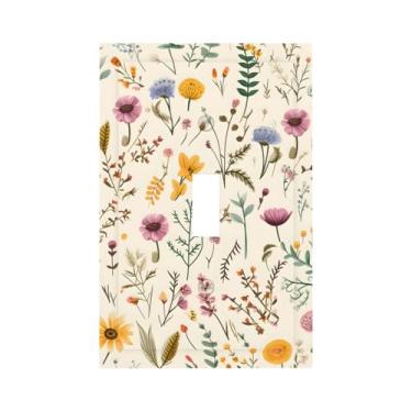 Imagem de Naiqadnehz Placa decorativa para interruptor de luz, cor quente, planta de flor colorida, amarelo, verde, 1 gangue, placa de parede com interruptor único, capas de tomada elétrica decorativas, capa de