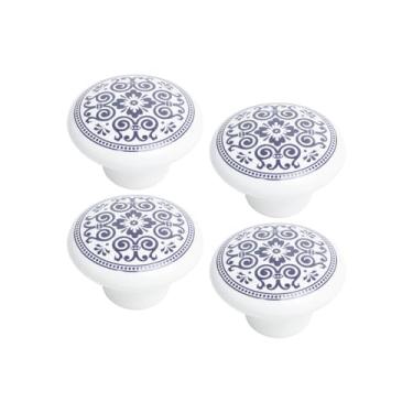 Imagem de Kit 4 Puxador Porcelana Cerâmica Gaveta Armário Preto Mandala (Branco/Azul - MPPON111)