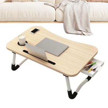 Imagem de Mesa dobrável para laptop | Mesa de leitura dobrável com suporte de copo e compartimento para tablet - Bandeja para laptop com gaveta de armazenamento para café da manhã, trabalho, leitura