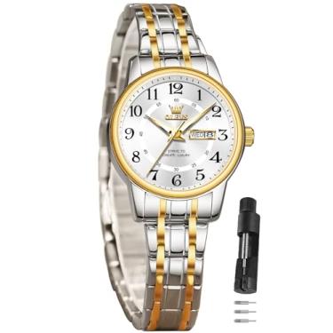 Imagem de OLEVS Relógio feminino de dois tons com vestido de data, relógios femininos para pulsos pequenos, luxuosos, relógios de leitura fácil para mulheres, à prova d'água, azul/preto/dourado/prata, relógio