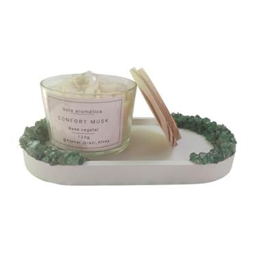 Imagem de Vela Aromática Confort Musk, Base Vegetal, 120g, com bandeja de Decoração de Pedras Verdes