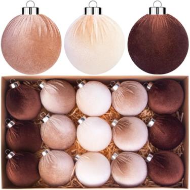 Imagem de Wiyodaho 15 bolas de veludo de Natal para árvore de Natal de 7,5 cm, enfeites de veludo, enfeites decorativos de Natal para decoração de árvore de Natal (bege, cáqui, marrom)