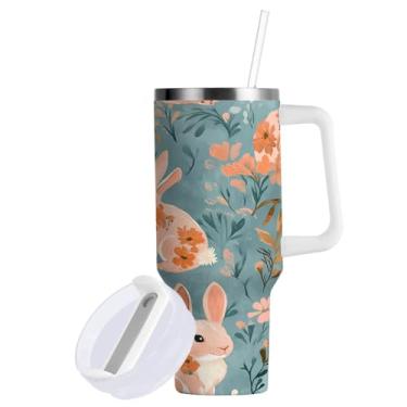 Imagem de Blueangle Copo de coelho da Páscoa de 850 g com alça e tampa de palha, copo isolado reutilizável de aço inoxidável garrafa de água caneca de viagem (174)