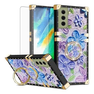 Imagem de Asuwish Capa de celular para Samsung Galaxy S21 FE 5G capa magnética com protetor de tela de vidro temperado e anel de flor de pintura suporte rígido S 21 EF S21FE5G UW S21FE 21S G5 16.3 cm feminino