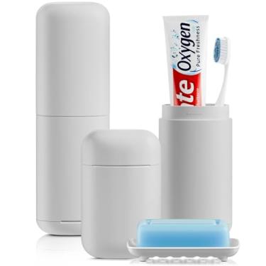 Imagem de Hordely Recipiente de sabão de viagem, estojo de viagem portátil para escova de dentes com copo de enxaguante bucal, barra de sabonete, conjunto de suporte de escova de dentes para viagens, banheiro