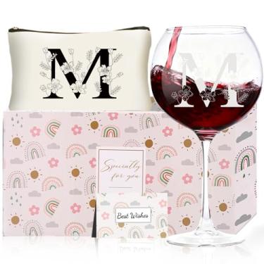 Imagem de Presentes de Natal para mulheres, taças de vinho com monograma com bolsa de maquiagem, presentes exclusivos de elefante branco de casamento para mãe, pai, irmã, professora, esposa, marido (M)