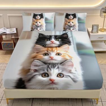Imagem de AILONEN Jogo de lençol kawaii, solteiro, GG, animal fofo, gatinho, para crianças, meninos e meninas, lençol com bolso profundo e 2 fronhas, 3 peças
