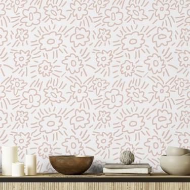 Imagem de Tanluxo Yiniri Papel de parede floral descasque e cole 43,9 cm x 299,7 cm papel de contato bege e branco papel de parede de desenho animado moderno autoadesivo removível para berçário quarto de