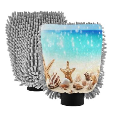 Imagem de STAYTOP Luvas de lavagem de carro estrela-do-mar e conchas de praia, 2 peças, luvas de microfibra de chenille, sem arranhões, panos de esponja de lavagem ultra absorventes para carros, limpeza