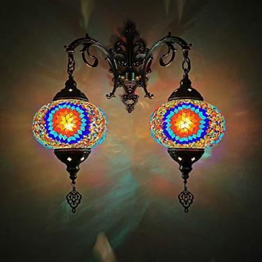 Imagem de Luminária de parede turca com 2 lâmpadas, estilo marroquino com mosaico, arandela boêmia tradicional para cabeceira, ideal para sala de estar, quarto, corredor, varanda, café ou bar.