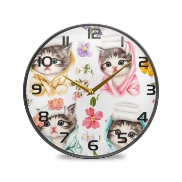 Imagem de YETTASBIN Cute Kittens Relógio de parede acrílico - Silencioso, sem tique-taque, operado por bateria, relógio redondo decorativo criativo para cozinha, sala de estar, banheiro, decoração de escritório
