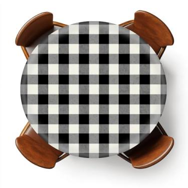 Imagem de YEYE JUICE Toalha de mesa redonda com elástico para uso externo para mesas de 114 a 142 cm, capa de mesa redonda à prova d'água para jantar interno, piquenique, acampamento (xadrez preto e branco)