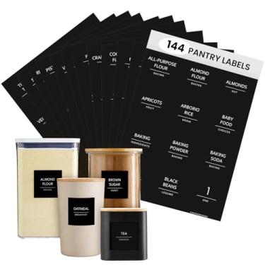 Imagem de Talented Kitchen 144 etiquetas minimalistas para despensa – Todas as tampas brancas pré-impressas em adesivos de vinil preto fosco, etiquetas adesivas resistentes à água para cozinha, potes