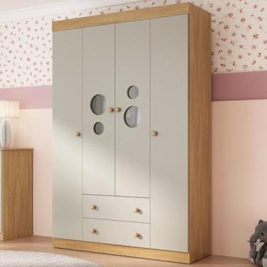 Imagem de Guarda-roupa Infantil 122cm com Vidro 4 Portas e 2 Gavetas Pirulito Multimóveis Mp4468 Madeirado/off White
