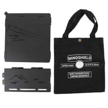 Imagem de Fogão de acampamento pára-brisas ao ar livre dobrável fogão a gás pára-brisa bloqueador de com saco de armazenamento para caminhadas piquenique cozinhar 4 dobras material de aço (Preta)
