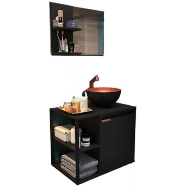 Imagem de Gabinete Banheiro Completo + Cuba + Espelheira + Armário Espelho Decoração Industrial Metal Cobre Madeira (Preto)