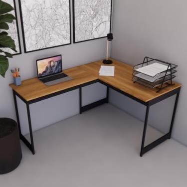 Imagem de Mesa Em L Estilo Industrial Escrivaninha De Canto Escritório Estudo (Nogal Pés Pretos)