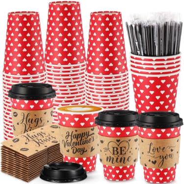 Imagem de Layhit 100 peças de copos de café para o dia dos namorados descartáveis com tampas e canudos para mexer para o dia dos namorados, artigos quentes de festa de cacau