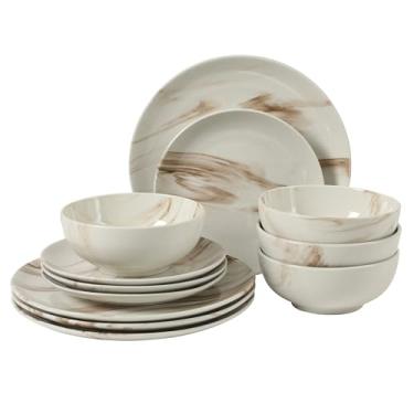 Imagem de Gibson Home Cloudlight 12 peças, pratos e tigelas marrons e brancos - Conjunto de louça de cerâmica de porcelana decorada - Serviço para 4 pessoas