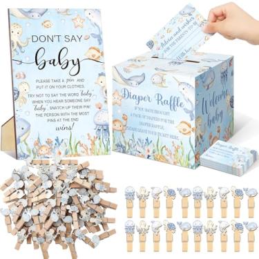 Imagem de Dispowreath 102 peças Under the Sea Baby Shower Game Supplies Raffle Tickets with Diaper Raffle Card Box Don't Say Baby Sign Mini Ocean Animals Clothprin Game Decor for Gender Reveal Favor