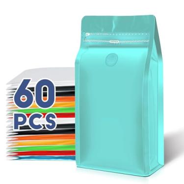 Imagem de Sacos de café com válvula (60 peças, 113 g, 0,1 kg) sacos de embalagem de grãos de café ventilados de alta barreira, folha de alumínio, fundo plano, selado a calor, zíper lateral, bolsa de