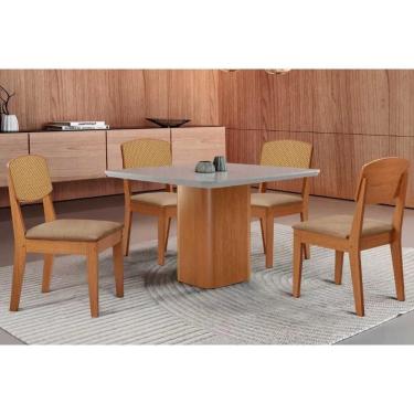 Imagem de Sala Jantar Mesa Maldivas Tampo c/ Vidro Curvo 90cm+4 Cadeiras Havana Naturale/Off White - Linho Bege - Rufato