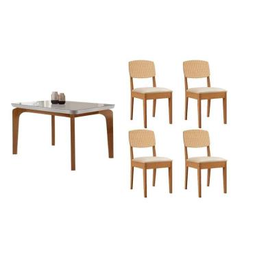 Imagem de Sala Jantar Mesa Londrina Tampo c/ Vidro Curvo 120cm+4 Cadeiras Havana Naturale/Off White - Suede Creme - Rufato