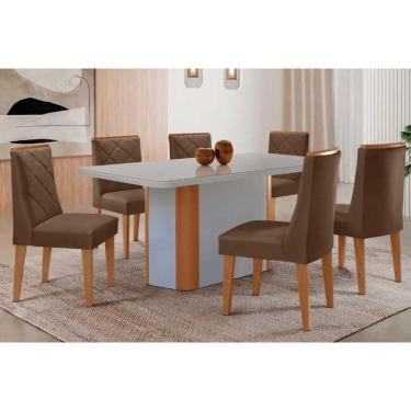 Imagem de Sala Jantar Mesa Pietá Tampo c/ Vidro Curvo 180cm+6 Cadeiras Pietá Naturale/Off White - Suede Marrom - Rufato