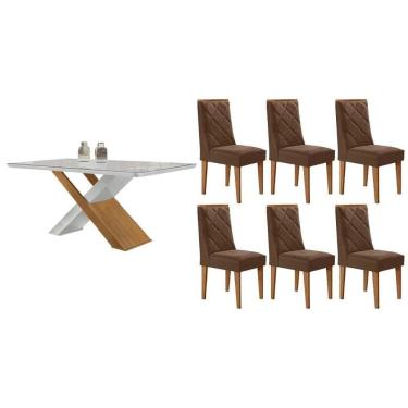 Imagem de Sala Jantar Mesa Imperatriz Tampo c/ Vidro Curvo 180cm+6 Cadeiras Pietá Madeira Naturale/Off White - Capuccino/Suede Marrom - Rufato