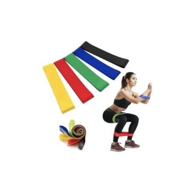 Imagem de Kit 5 Faixas Elásticas de Látex, Diferentes Tensões, 3kg a 19kg, Verde, Azul, Amarelo, Vermelho, Preto, para Treino em Casa e Fisioterapia