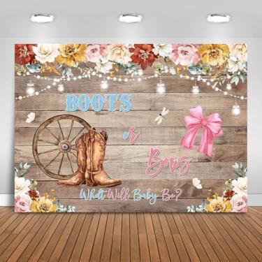 Imagem de Fitumiw Botas ou laços, pano de fundo revelador de gênero, 2,1 x 1,5 m, floral, madeira rústica, decoração de festa, fundo, botas de caubói, arcos rosa, faixa de fotos, adereços de cabine de fotos
