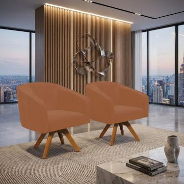 Imagem de Poltrona Decorativa Kit 2 Stella Base De Madeira Giratória Mm30 Sintético Pu Whisky D03 - D'rossi