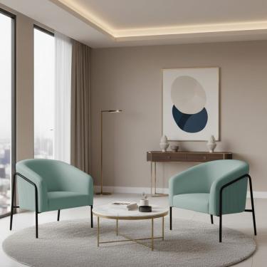 Imagem de Poltrona Sala Decorativa Kit 2 Stella Base Alta Tubo Preto Veludo Cotelê D03 - D'rossi Cor Menta