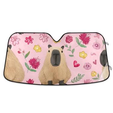 Imagem de Flores de capivaras fofas personalizadas protetor solar de azulejo rosa para para-brisa de carro acessórios dobráveis para janelas para-brisa frontal S, 134,6 cm x 59,7 cm