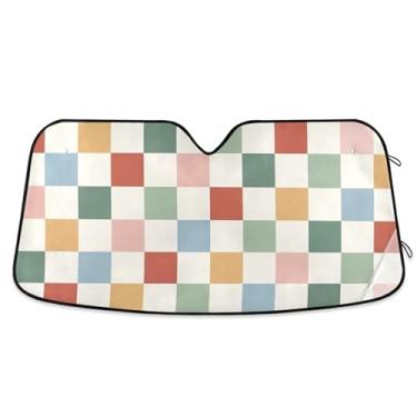 Imagem de Protetor solar retrô de tabuleiro de xadrez arco-íris para para-brisa de carro caminhão retrátil personalizado protetor de para-brisa automotivo L, 144,8 cm x 80 cm