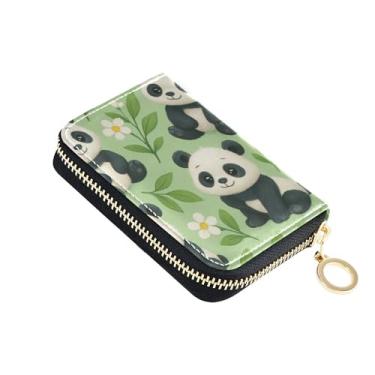 Imagem de Carteira feminina verde Pandas de couro com bloqueio de RFID e porta-cartões de crédito com zíper