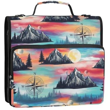 Imagem de Fichário Mountains Pink Cloud com 3 anéis de 3,5 polegadas D organizador de fichário com zíper bolsa escolar com alça de ombro pasta de portfólio de armazenamento com alça, 34,5 x 31,5 x 9 cm