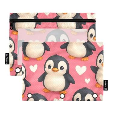 Imagem de Pinguins fofos corações brancos rosa 3 argolas bolsa para lápis, fichário com zíper, caneta, sala de aula, fichários de escola, bolsos transparentes, fofos, 25 x 18 cm, 2 pacotes
