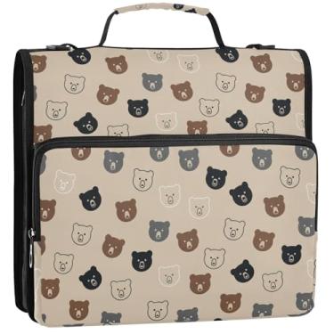 Imagem de Urso, marrom, cinza, preto, bege, 3 argolas, fichário, resistente, organizador com zíper, bolsa de fichário para ensino médio com alça portfólio e estojo para pasta de anéis, 34,5 x 31,5 x 9 cm