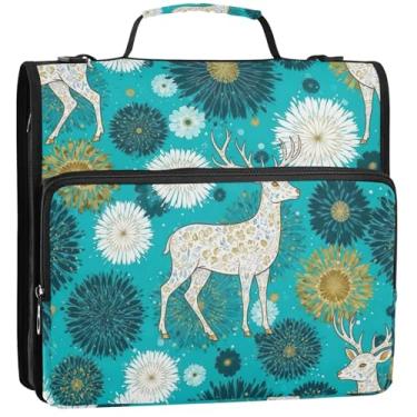 Imagem de Organizador de fichário grande com zíper, 3 fichários de 3 anéis, anel D, veado, ouro branco, floral, pasta de portfólio com alça e alça para escola, 34,5 x 31,5 x 9 cm