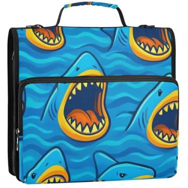 Imagem de Fichário azul tubarão azul turquesa 3 anéis de 3,8 cm D anel organizador de fichário com zíper bolsa de fichário com alça para armazenamento escolar estojo portfólio com alça, 34,5 x 31,5 x 9 cm