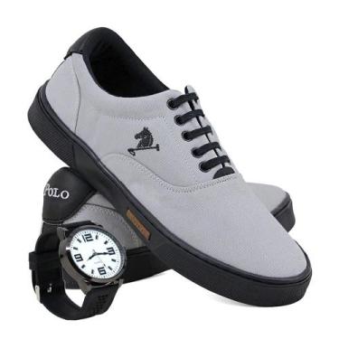 Imagem de Kit Sapatênis Casual Masculino Polo Joy Sport + Relógio, Cinza claro, 
