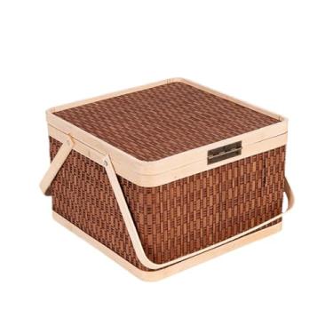 Imagem de Fenteer Cesta de em bambu trançado, portátil, com tampa e alça, ideal para, frutas, pães, cozinha e atividades ao ar livre, Quadrado Marrom Escuro