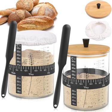 Imagem de Kit iniciante de massa fermentada de vidro borossilicato 1,5 l Kit inicial de pão de massa fermentada de grande capacidade com tampa de bambu para fermentação (2 peças)