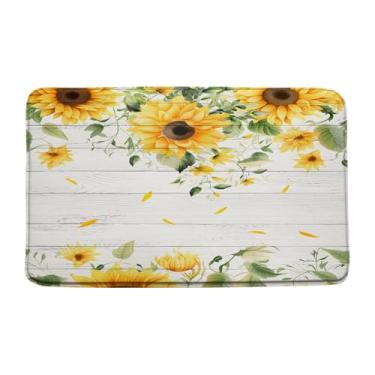 Imagem de ZRUWUA Tapete de banho rústico girassol amarelo floral tábua de madeira folhas verdes fazenda natureza flor planta país microfibra espuma memória tapete decoração banho tapete 45 x 75 cm
