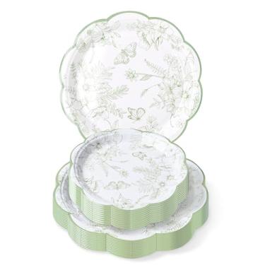Imagem de Nihaoya Pratos de festa florais verdes sálvia descartáveis de 100 peças – Pratos de papel higiênico vintage de flores silvestres a granel | 50 jantares e 50 sobremesas para aniversário, Natal e chá de