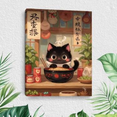 Imagem de Arte de parede em tela retrô japonesa comendo macarrão ramen, pinturas de arte emolduradas estéticas para gatos, decoração de parede, imagens para amantes de gatos, para sala de estar, sala de jantar