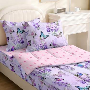 Imagem de Yadangxiawa Jogo de edredom infantil, solteiro, com estampa de borboleta roxa e manchas coloridas, lençol com elástico e fronhas para todas as estações (borboleta roxa)