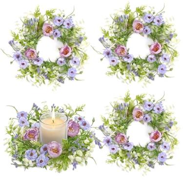 Imagem de KHOYIME Coroa de anéis de vela florais, 4 peças, pequena, primavera, verão, flores artificiais roxas, grinaldas de vegetação para pilares, mini suporte de vela, armários de cozinha, mesa central