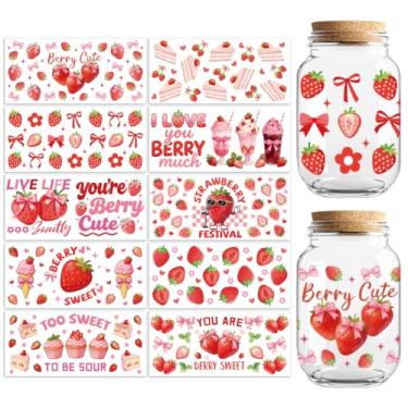 Imagem de Peacoblue Adesivos de transferência UV DTF com estampa de morangos com bolos e laços, 10 folhas à prova d'água adesivo de transferência de vinil personalizado 473 ml copo de café copo copo caneca
